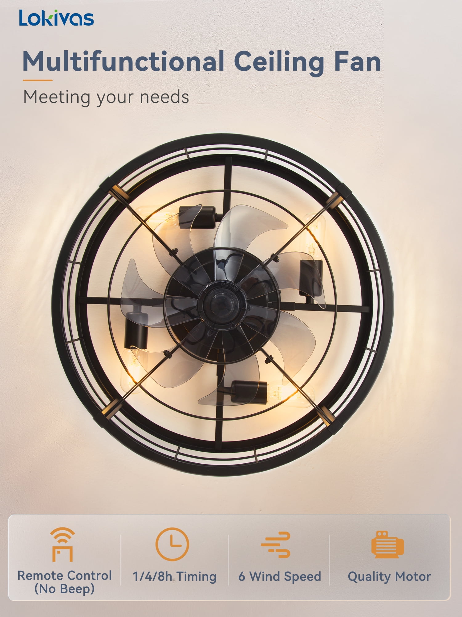 Lokivas 20in Flush Mount Ceiling Fans with Light, Quiet DC Motor, 6 Speeds & Remote Control