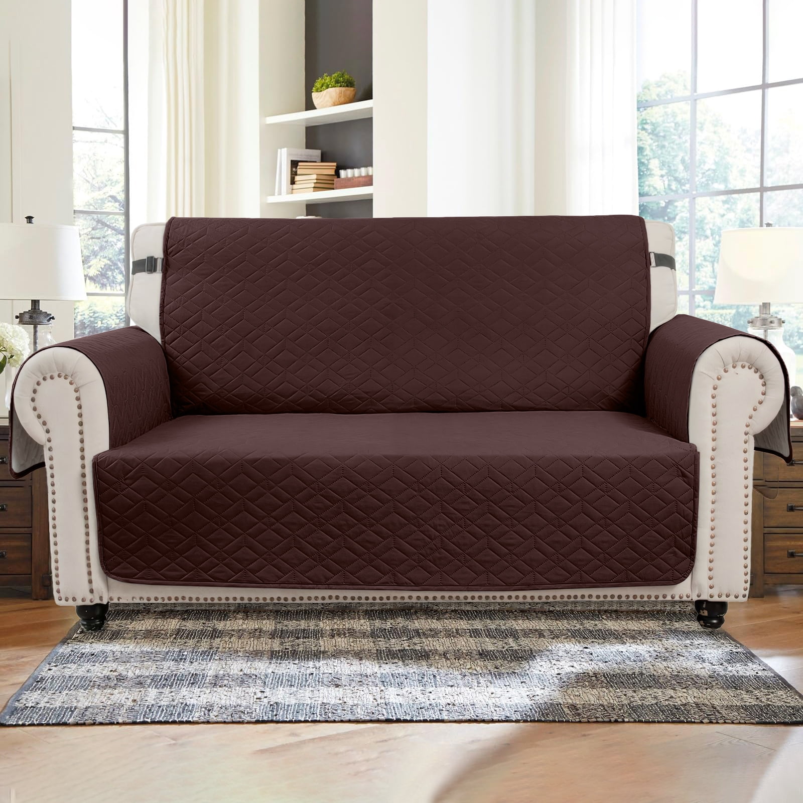 SANMADROLA Reversible Loveseat Covers for 2 Cushion Couch Sofa Cover Water Resistant Couch Cover Furniture Protector with Elastic Straps for Kids, Dogs, Pets (46" Loveseat, Coffee)