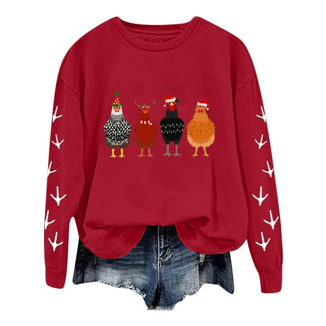 WEAIXIMIUNG Chandail en Molleton Court Grande Taille Noël Oversize Femmes Manches Longues Col Rond Chandails en Molleton Imprimé Poulet Léger Ample Haut