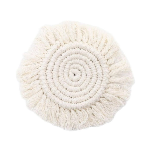 Mantel individual tejido a mano, antideslizante, lavable, resistente al calor, redondo, con borlas. Blanco