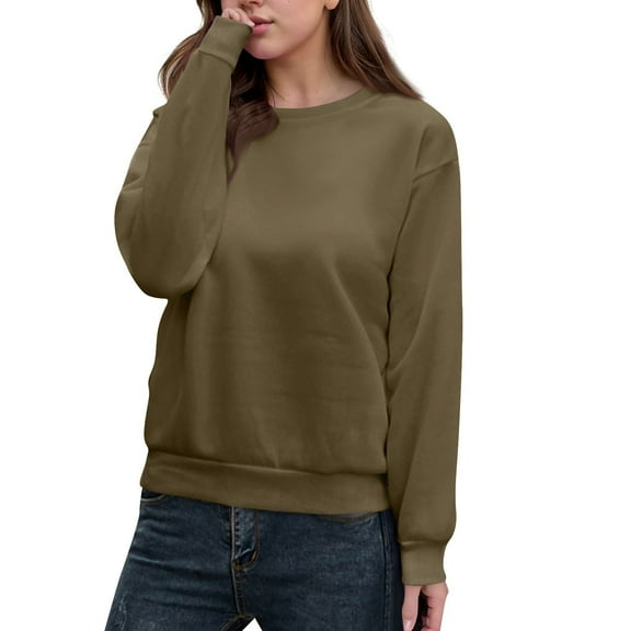 WTOBBY Women's Casual Solid Color Round Neck Long Sleeve Pullover Top, Fashion Blouse for Ladies Comfortable and Simple with Everyday Style,Army Green L