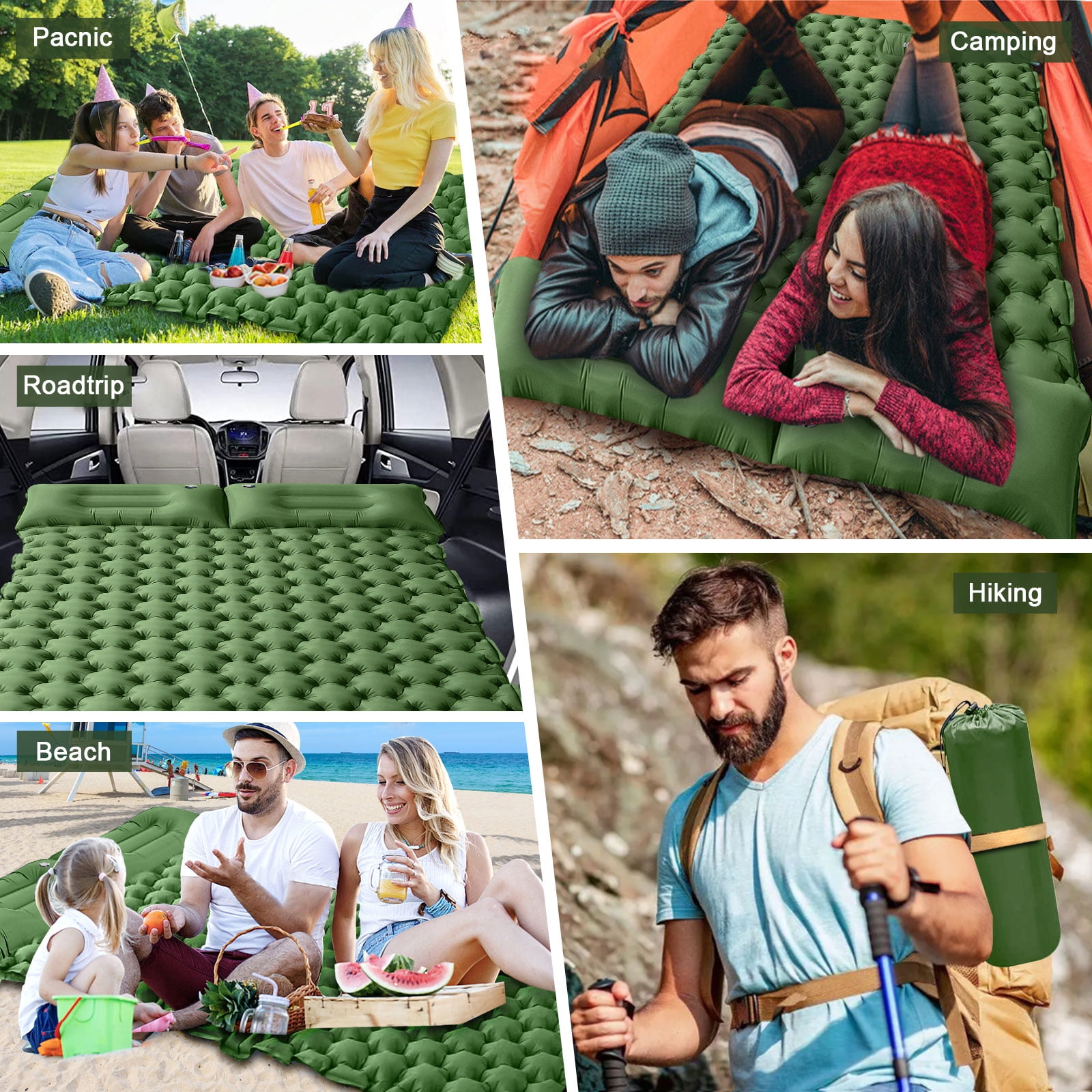 Eurhowing Double Sleeping Pad 4" Thick, 2 Person Inflatable Camping Mat with Foot Pump & Pillow, Portable Air Mattress for Backpacking Hiking Tent Travel, Green