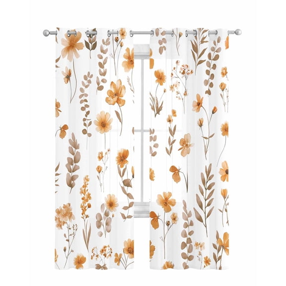Brown Spring Floral Sheer Curtains 63 Inch Length 2 Panels Set for Living Room/Bedroom, Flowers Botanical Elegant Pastoral Kitchen Curtains Grommet Semi-Sheer Curtains Window Treatments 42"x63"x2