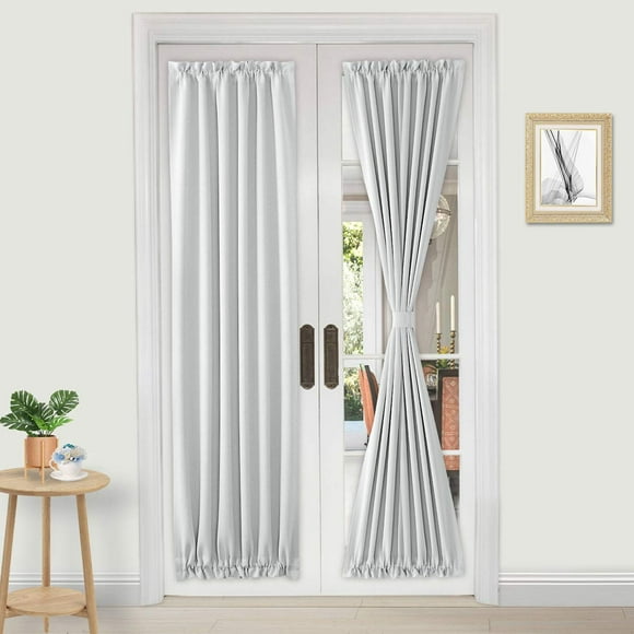 Hiasan Blackout Door Curtain - Rod Pocket Thermal Insulated Privacy Curtains for French Door, 25"W x 72"L, 1 Panel with Tie-back, Greyish White