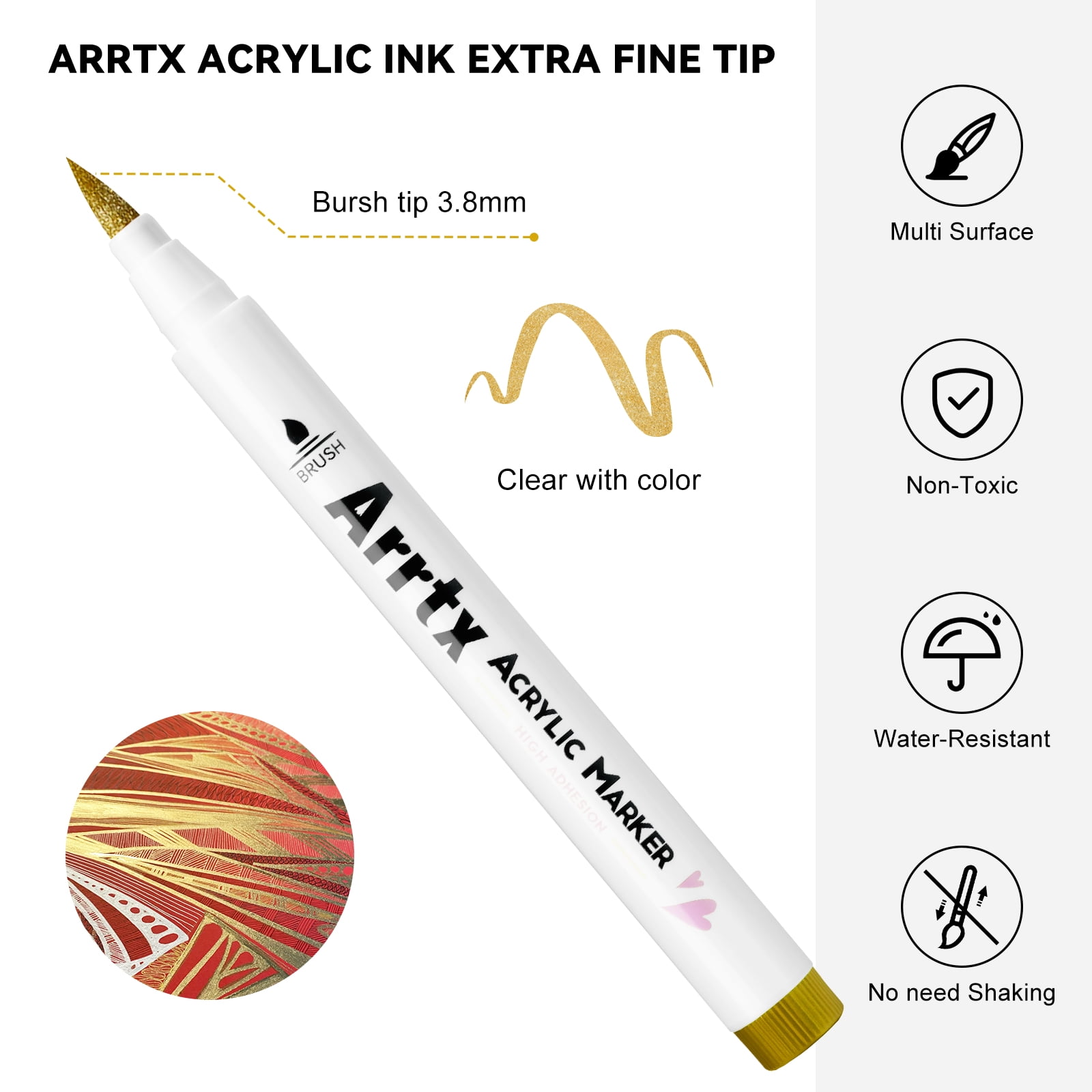 Arrtx 10Pcs Arcylic Paint Markers, Brush Tip Metallic Paint Pens for Rock Painting, Fabric, Glass, Water Based Ink, 4 White 4 Black 1 Gold & 1 Silver, DIY Art Supplies