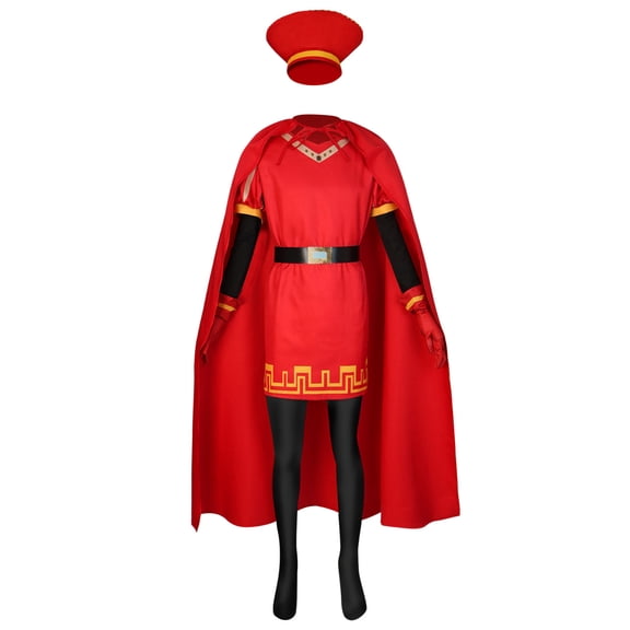 Red Fairytale Adult Character Cosplay Costume Set, Red Tunic with Cape Matching Hat Belt and Gloves Complete Roleplay Outfit for Halloween Monster Party Fancy Dress-Up
