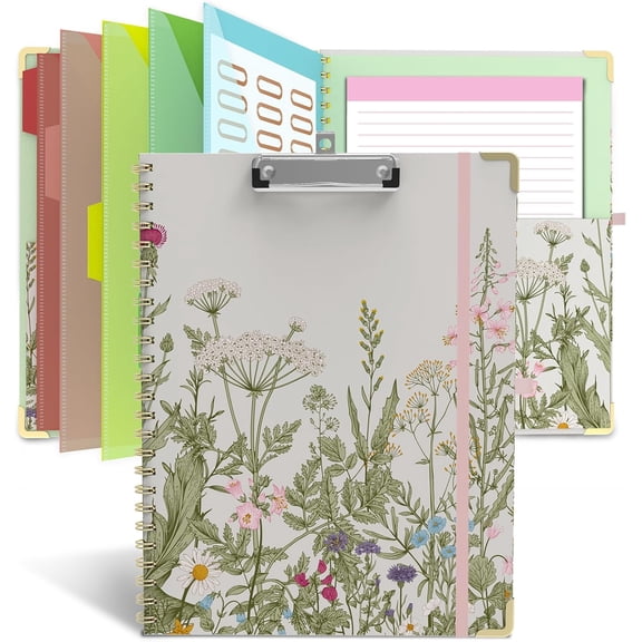 Clipboard Folio with Storage 8.5 X 11 Padfolio Notebook Clipboards Notepad Spiral 10 Pockets and 5 Folders Nursing Teacher School Essentials (Garden Flowers)