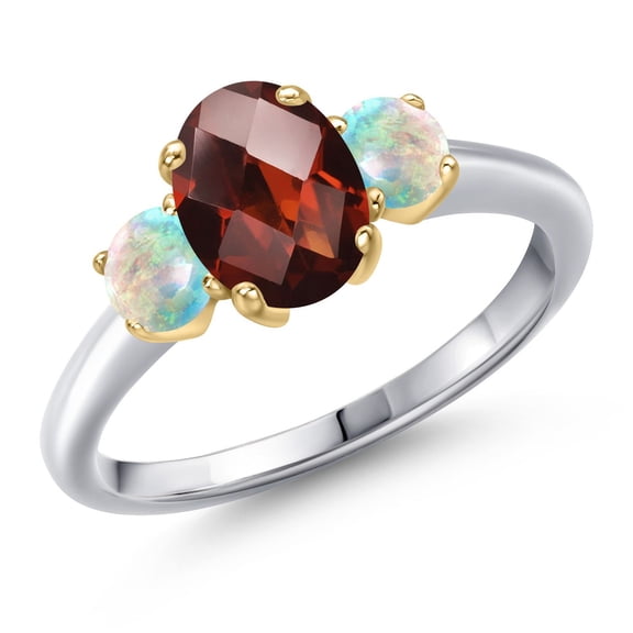 Gem Stone King 925 Silver and 10K Yellow Gold Red Garnet and Simulated White Opal Engagement Ring for Women | 2.03 Cttw | Oval Checkerboard 8X6MM | Gemstone January Birthstone | Size 6