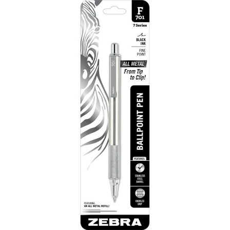 Zebra Pen F-701 Stainless Steel Ballpoint Retractable Pen, Black Ink, Fine Point 0.8mm