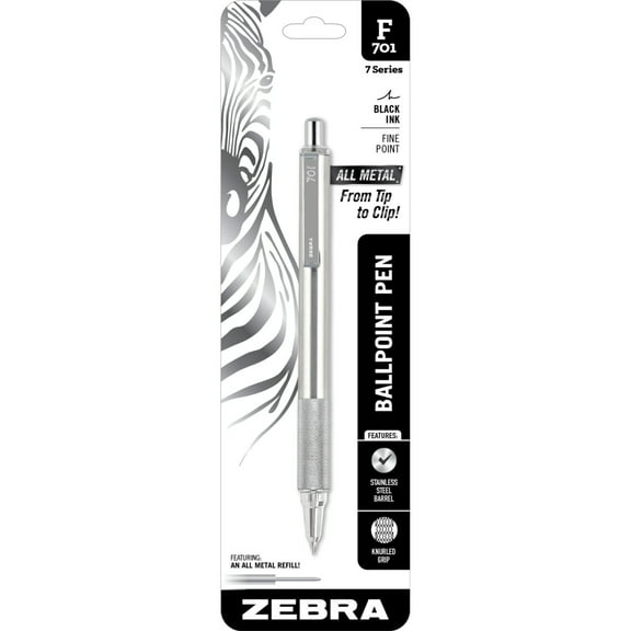 Zebra Pen F-701 Stainless Steel Ballpoint Retractable Pen, Black Ink, Fine Point 0.8mm