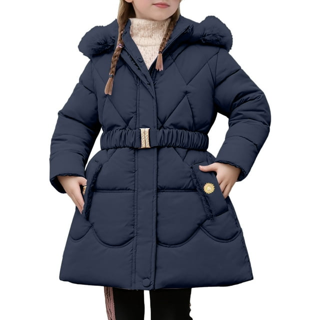 Wdgfv Girls Long Waist Winter Coat For Girls With Warm Filling And Removable Hood Design For Cold Weather Navy 5-6Years
