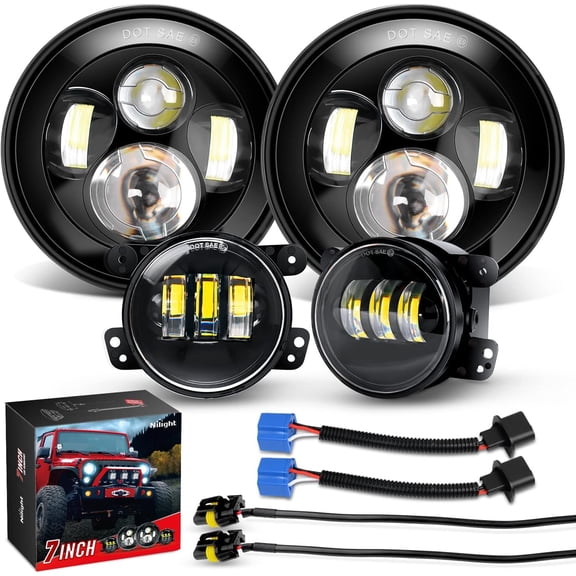 Nilight 4Pcs 7inch Round Cree Headlight and 4inch Fog Lights High Low Beam Compatible with 1997-2018 Wrangler JK Unlimited JKU TJ CJ Rubicon
