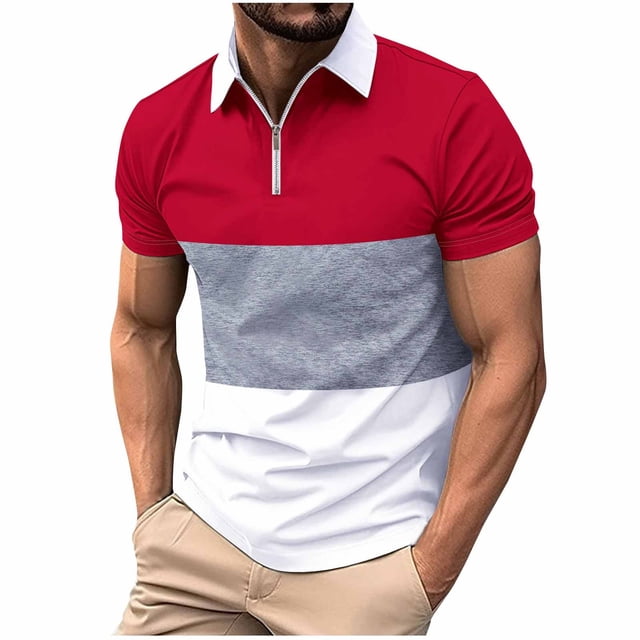 Plebaso Chemises à Fermeture Éclair pour Hommes avec Col, à Blocs de Couleur, T-Shirts Décontractés à Manches Courtes, Hauts Légers d'Été
