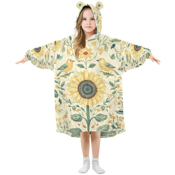 FORMRS Wearable Blanket Hoodie with Sleeves for Kids Cozy Flannel Sweatshirt, Floral Birds Pattern