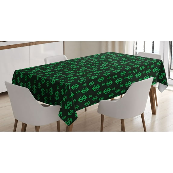 Money Tablecloth, Pixel Art Inspirations in Eighties Style Dollar Sign Banking Business, Rectangle Satin Table Cover Accent for Dining Room and Kitchen, 60" X 84", Dark Green Lime Green, by Ambesonne