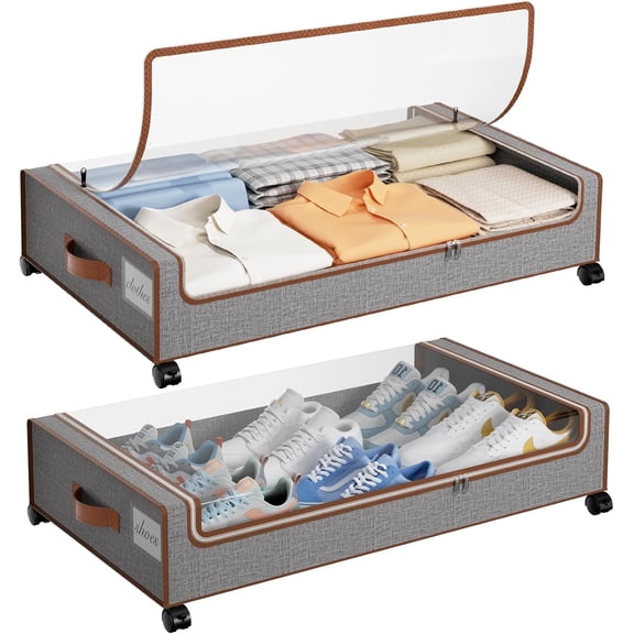 Yecaye Under Bed Storage with Wheels, 2 Pack Rolling Closet Organizer, Beige