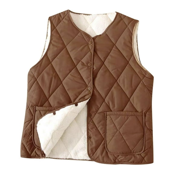 wdsxpo Women's Quilted Jackets Vest V Neck Fleece Puffer Vest Coat Slim Fit Button Down Padded Gilet Sleeveless Outerwear Coat