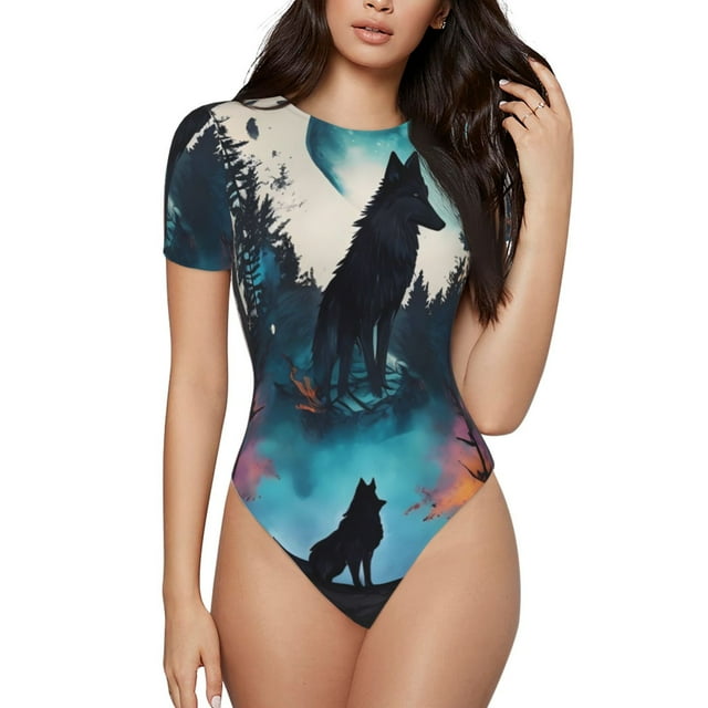 Lsque Artistique Loup de la Vallée de la Lune Justaucorps à Col Rond Manches Courtes T-Shirts Basiques Grenouillère Adulte Pyjama Mignon-TTG