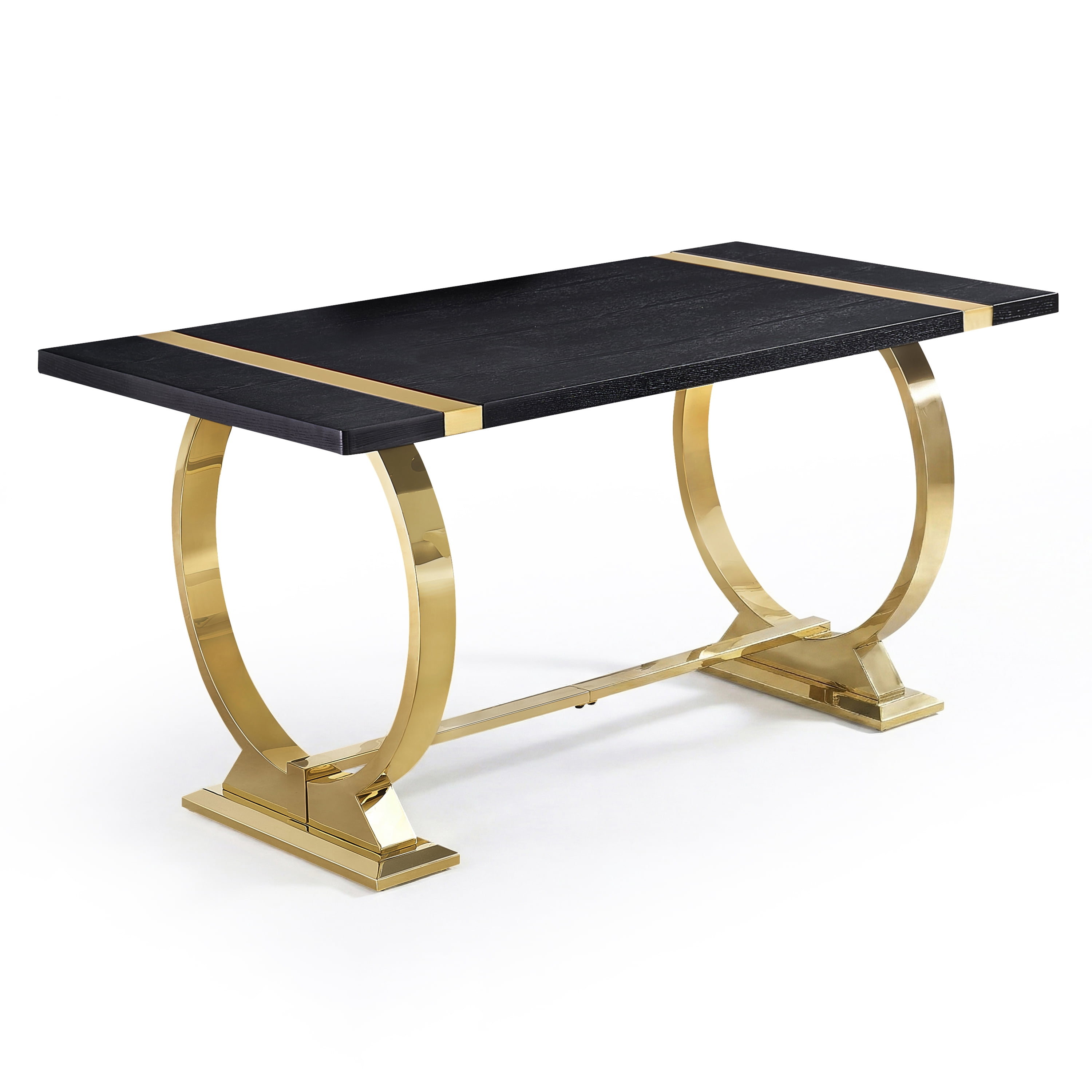 Furniture of America Gaius Glam Wood 60" Rectangle Dining Table with O-Shaped Stainless Steel Trestle Base, Black and Gold