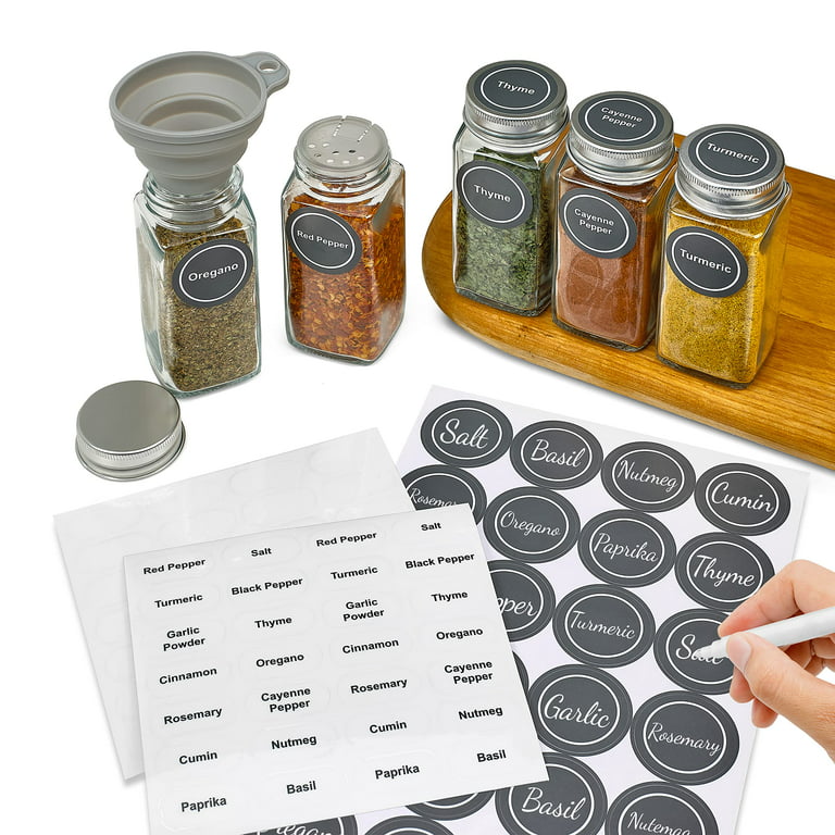Paris Hilton Glass Spice Jar Storage Set, 4-Ounce Empty Spice Jars with  Labels, Shaker Caps and Metal Lids, Collapsible Funnel Included, 25-Piece