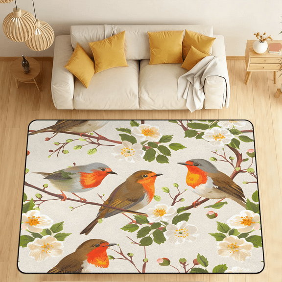 CURLYOOT Bird Area Rugs for Living Room Bedroom, 4' 10" x 6' 8" Washable Rug, Floral Bird Floor Carpet with Non Slip Backing for Dining Room Indoor