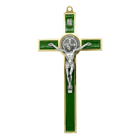 8.75" Gold-Tone St. Benedict Crucifix with Green Enamel Inlays