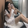 thumbnail image 3 of Pijama de seda de hielo de verano para mujer, conjunto de Top y pantalones cortos de manga corta de estilo coreano, secado rápido, ropa cómoda para el hogar, cuello en V, botones de encaje, 3 of 5
