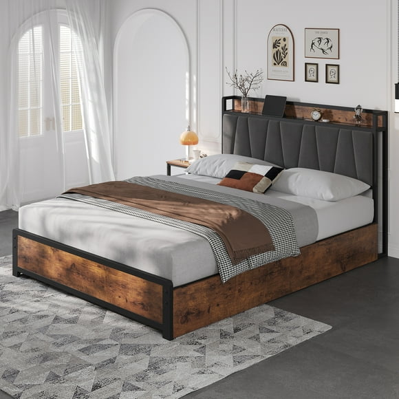 QinaQin Industrial-Style Bed Frame with 4 Storage Drawers and a Charging Station, Available In Standard, King, and Queen Sizes, Wooden Slat Support, No Mattress Base Required