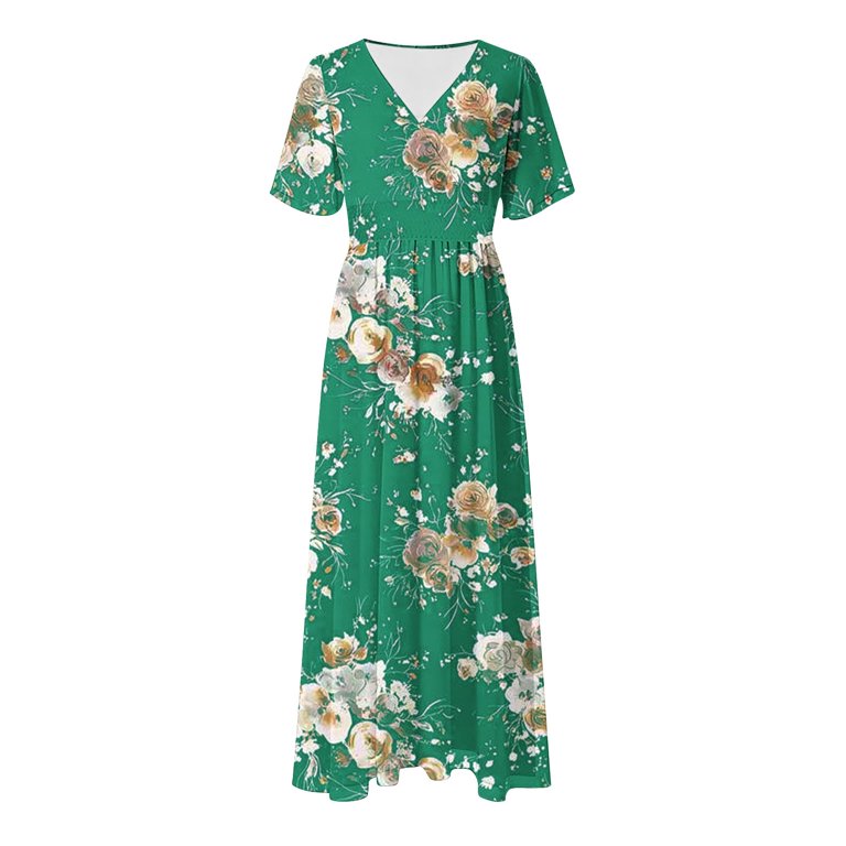 Brnmxoke Womens Casual Plus Size Summer Boho Dresses 2025 Elegant Dressy  Swing Wrap Dress Floral Print Wedding Guest Dress with Pockets Green,L -  Walmart.com