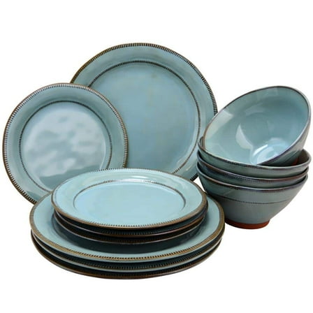 Terranea 12-Piece Country/Cottage Teal Terra Cotta Dinnerware Set (Service for 6)