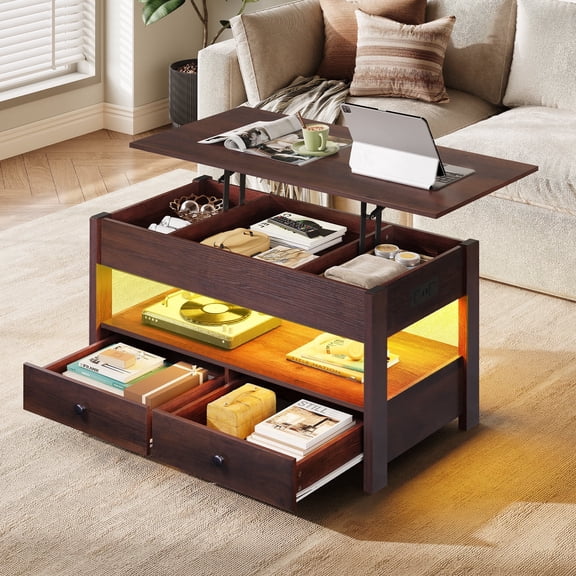 GALAXHERO Lift Top Coffee Table for Living Room Table with 2 Drawers & LED Light & Large Storage and Open Shelf Espresso