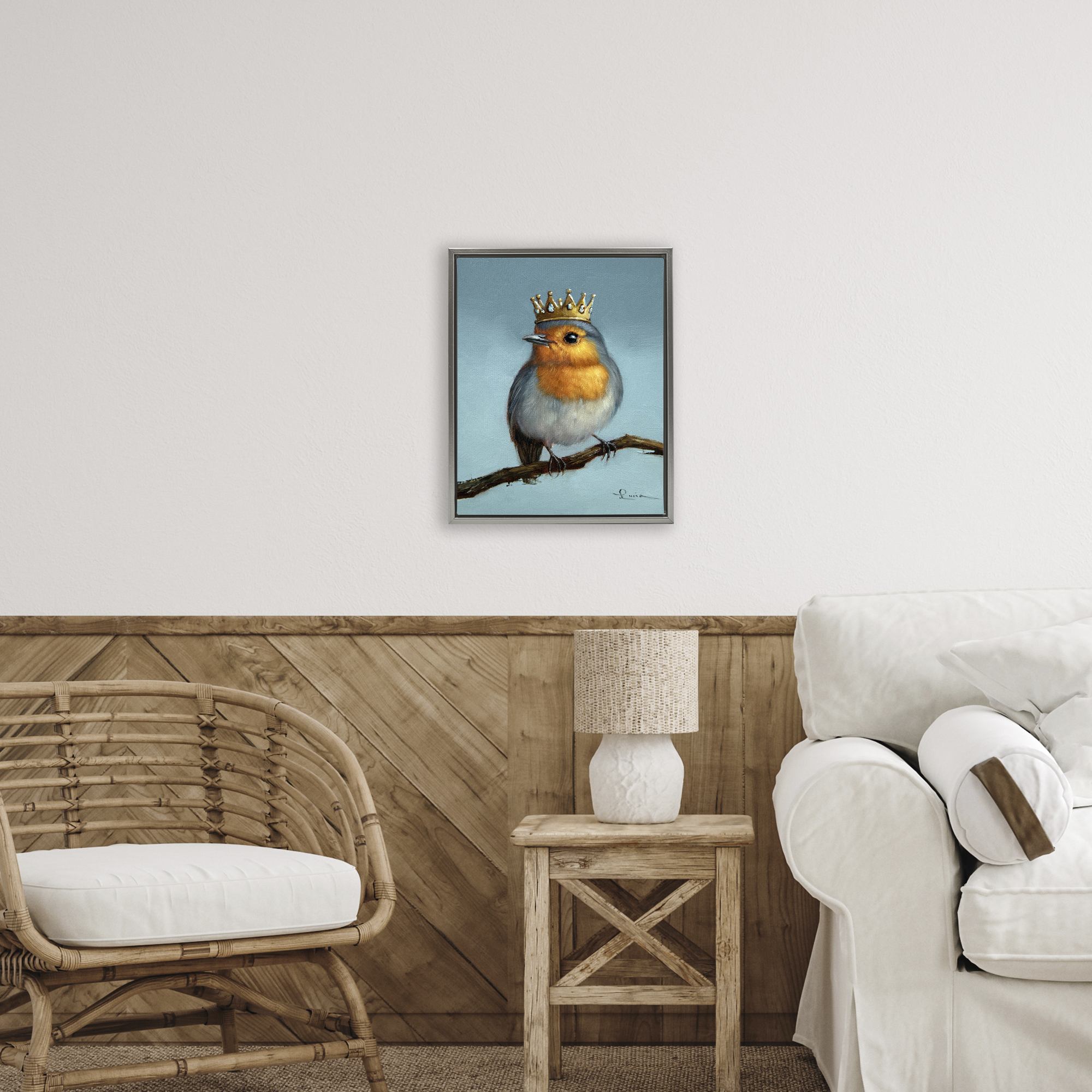 Royal Robin Perched Gray Framed Floater Canvas Wall Art, design by Lucia Heffernan
