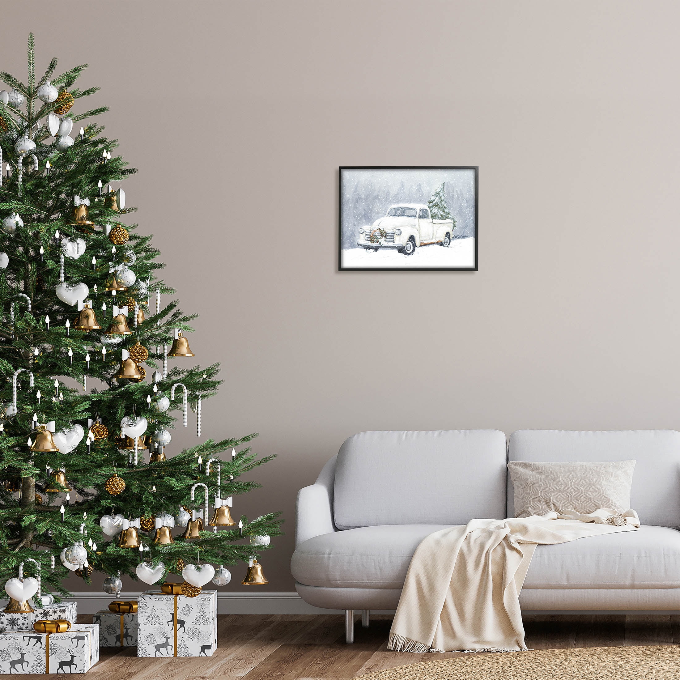 Seasonal Niveous Snow Truck Scene Holiday Painting Black Framed Art Print Wall Art
