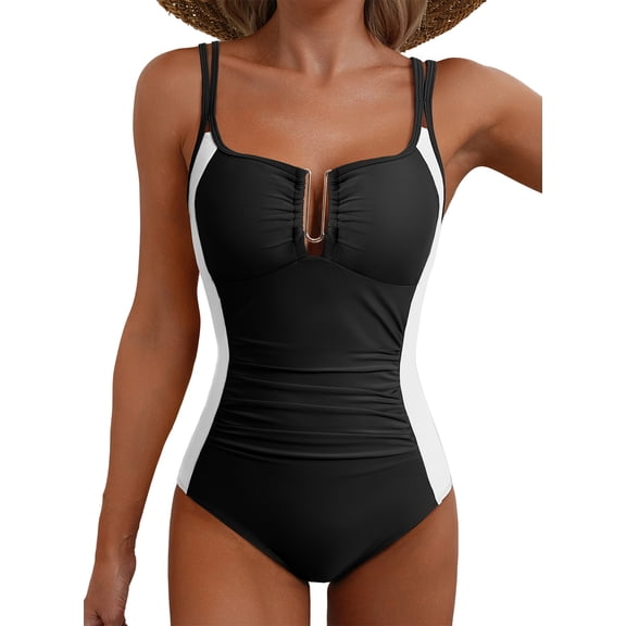 Eytino Swimsuit Women One Piece Swimsuit Tummy Control Ruched Slimming U-Wire Cutout Swim Suits Swimwear