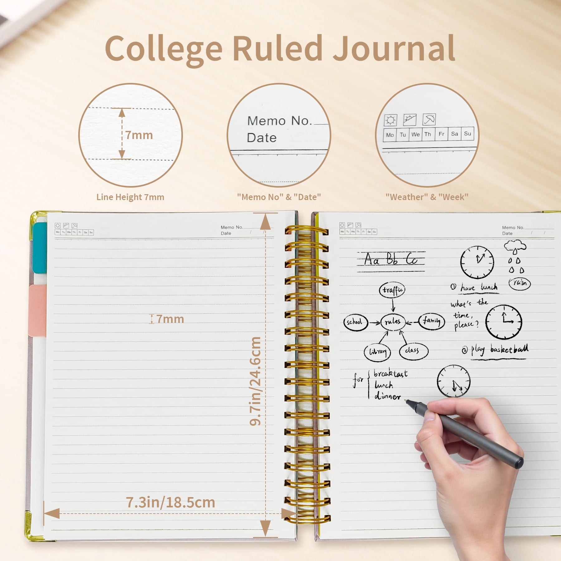 1Pack Hardcover Spiral Notebook with Tab, Ruler &  Removable Dividers, 300 Pages 8"x10" Large B5 Faux Leather Notebooks, 5 Subject Notebook College Ruled for Work, Home (Purple)