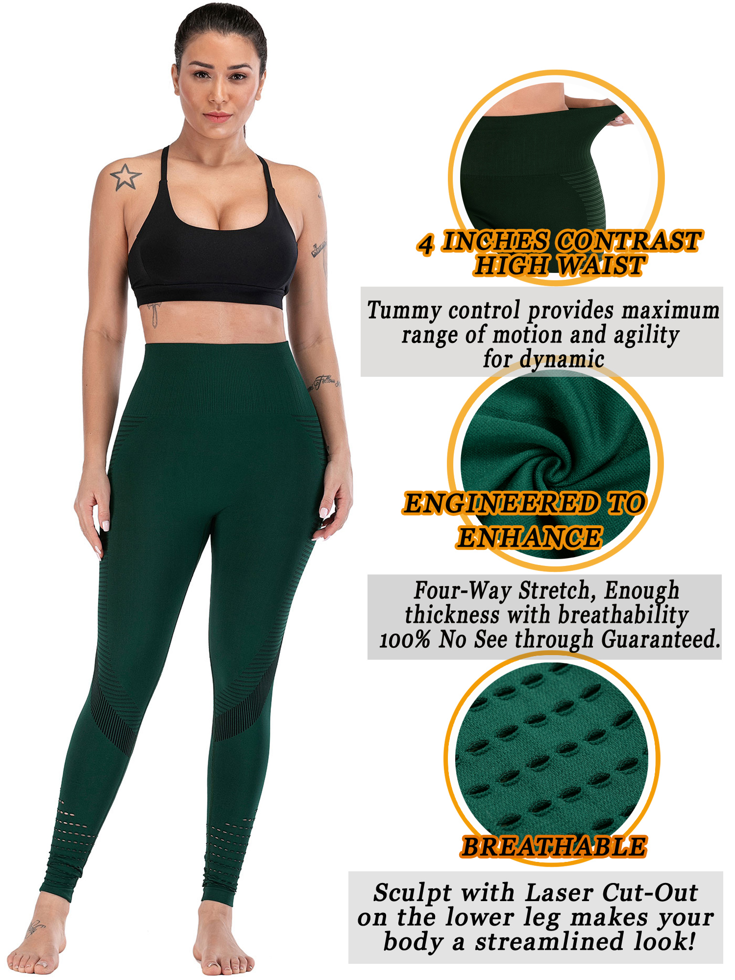 DODOING Womens Sport Compression Fitness Leggings Running Yoga Jogging Gym Pants Waist Pants Exercise Workout High Stretchy and High Waist Trousers, Black/ Green/ Grey - image 3 of 6