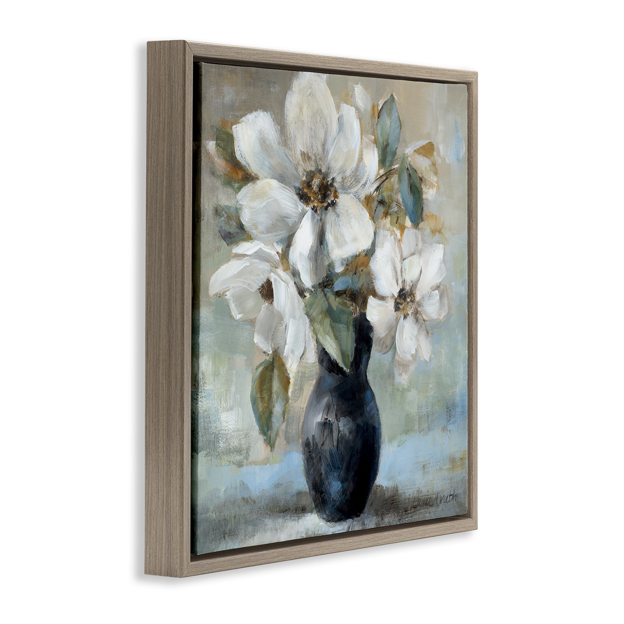 Stupell Industries Flowers in Black Vase Plants & Flowers Painting Brown Floater Framed Canvas Art Print Wall Art, 18 x 18