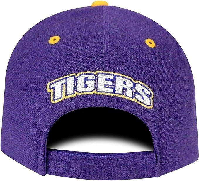 Brand New Collegiate Men's LSU Adjustable Hat With Rear Word, 100% Cotton, Embroidered Logos, Official School Colors, Purple