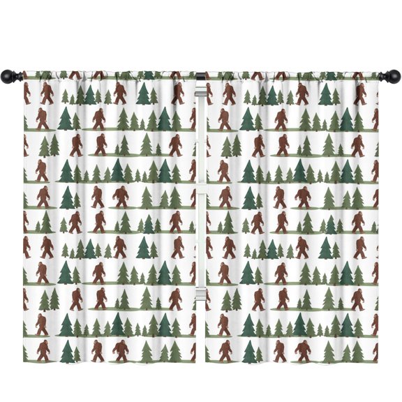 Bigfoot and Tree White Pattern Insulated Teens Curtains Set Of 2, Bedroom Essentials, Toddler Room Decor 52"x84"