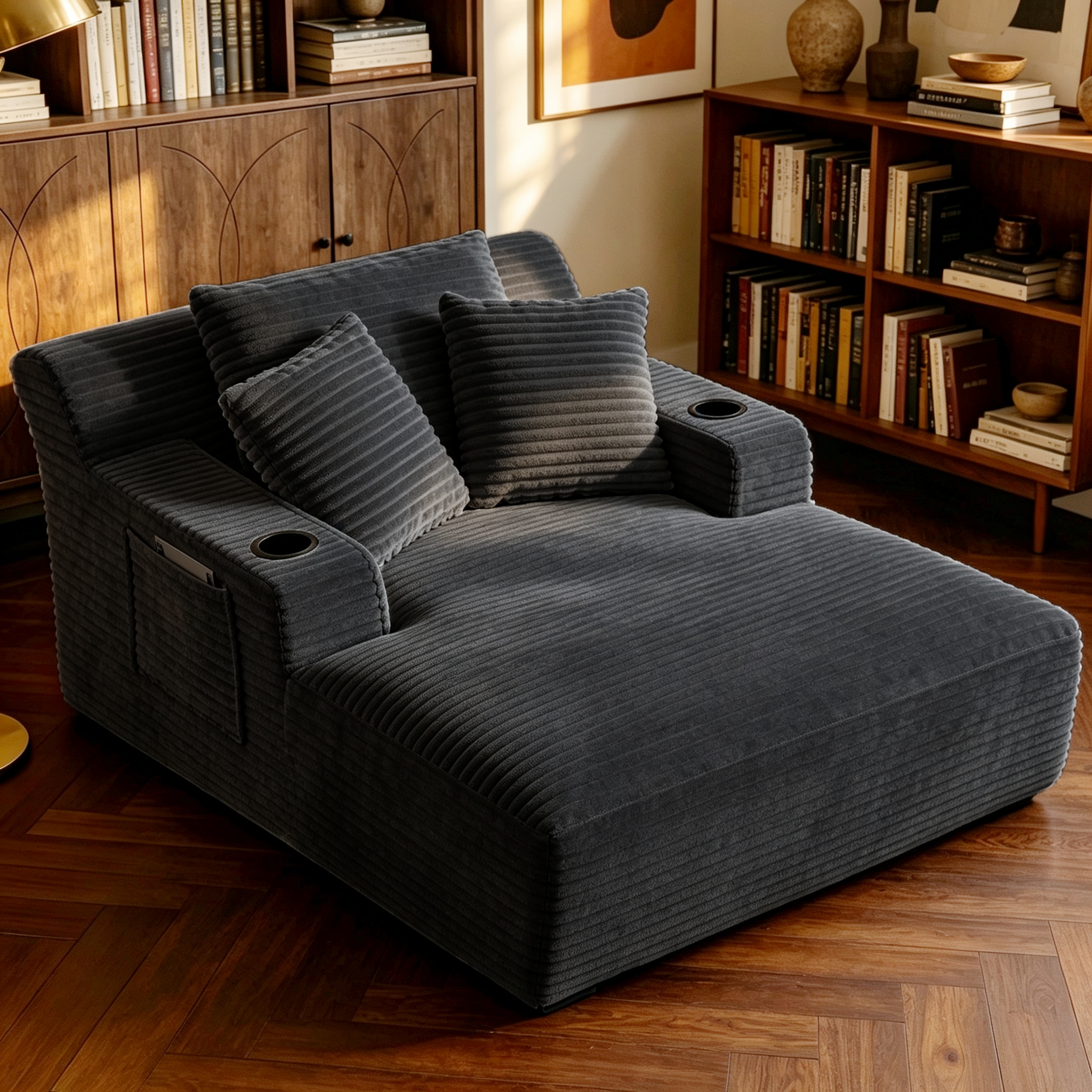 ShiKeyi 66'' Chaise Lounge Chair Indoor, Boneless Sofa Cloud, Plush Corduroy Chaise Couch with Cup Holders, Side Storage Pocket & Pillows, No Assembly Required, Black