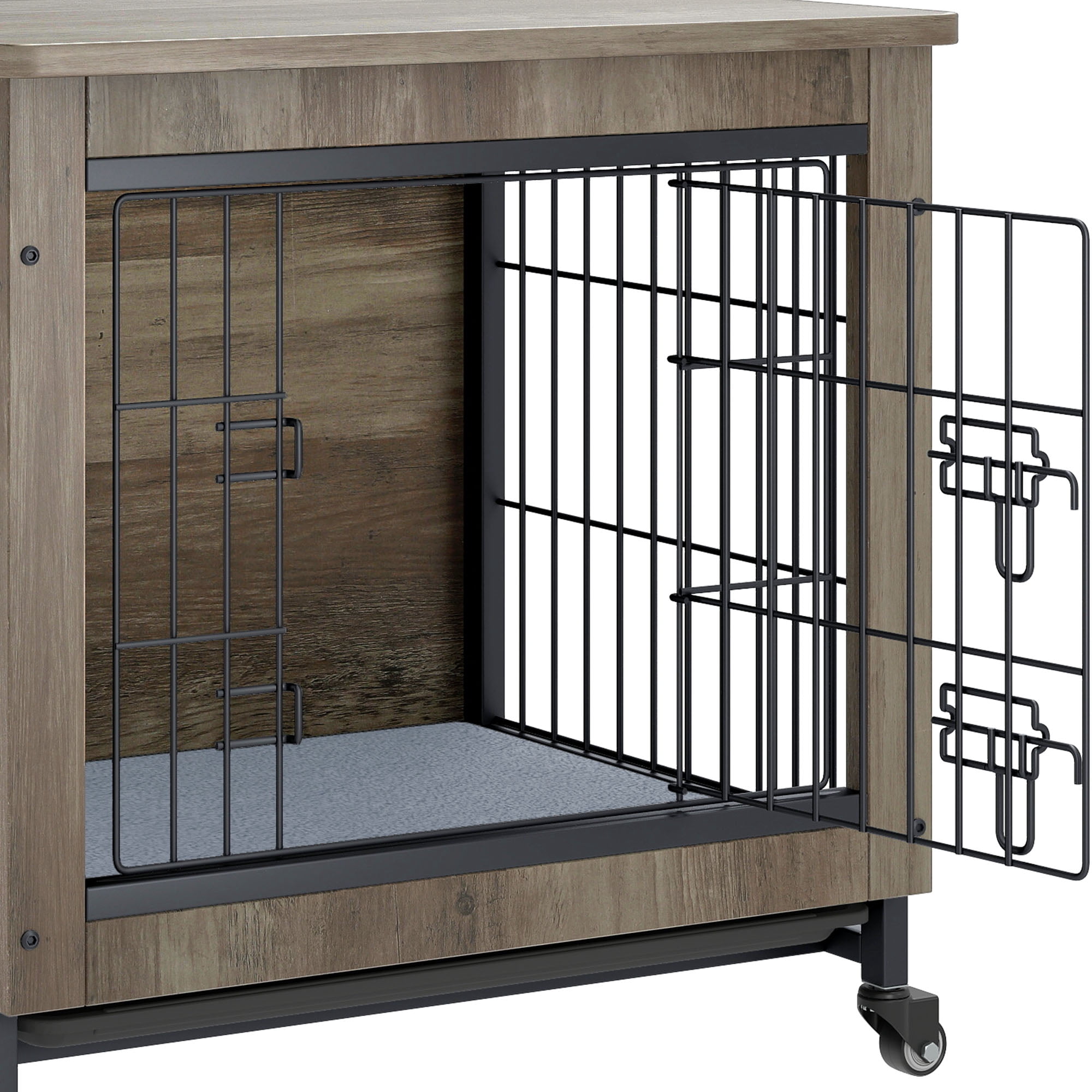 Uforic 27" Dog Crate Furniture with Cushion & Tray, Wooden Indoor Dog Kennel End Table for Small Dogs, Gray