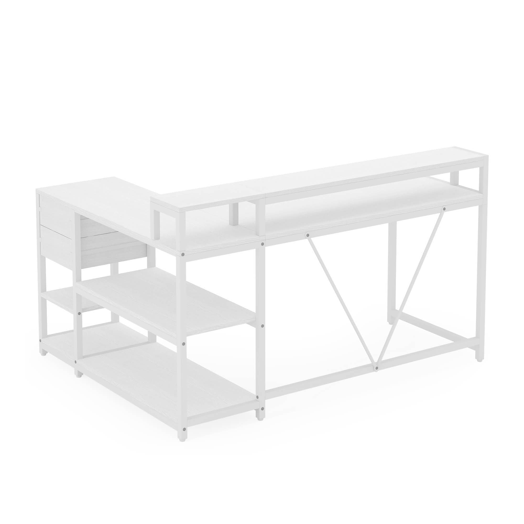 MAYEERTY L-Shaped Corner Desk with Monitor Stand & 2 Drawers, Space-Saving Home Office Desk with Storage Shelves, Anti-Slip Foot Pads