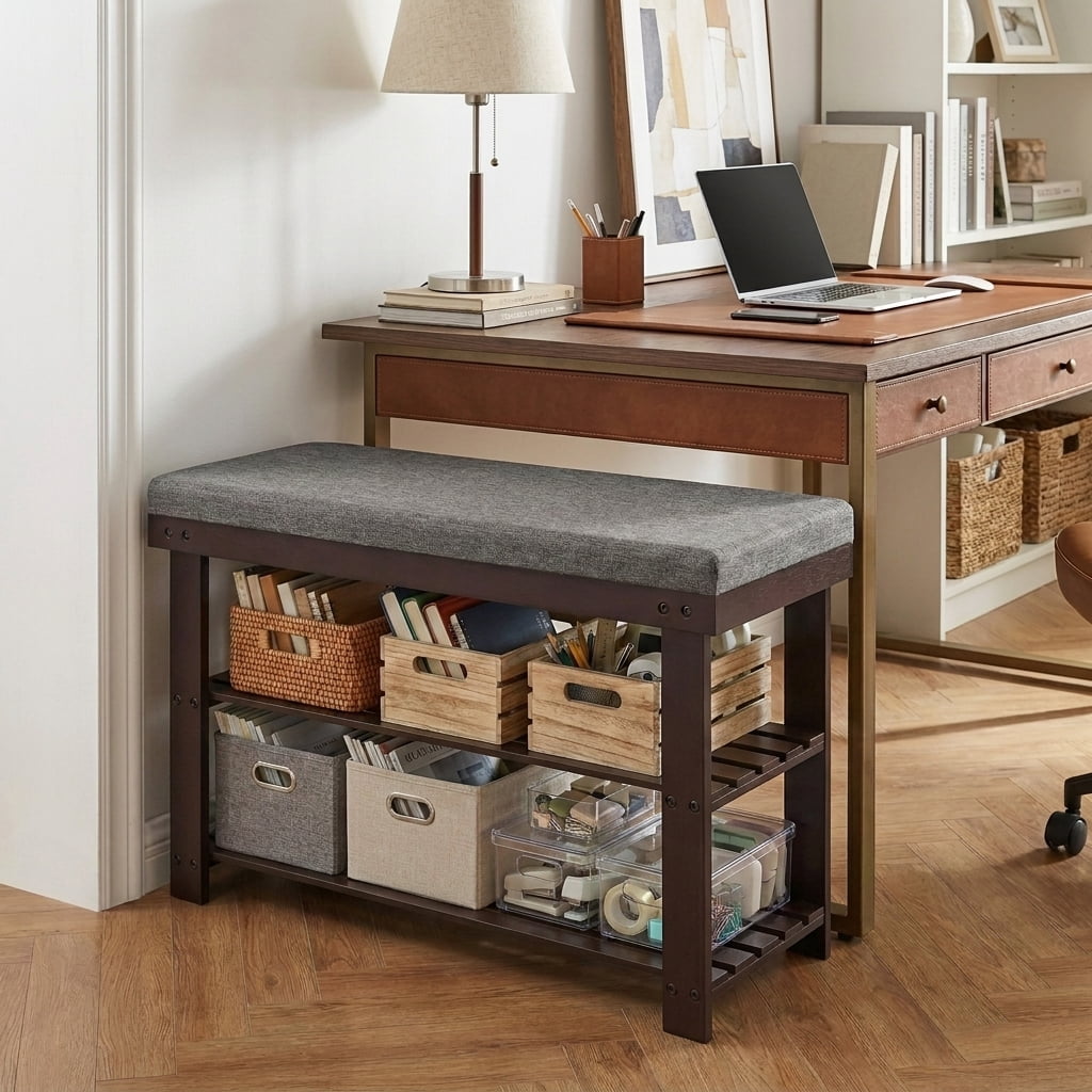 LEDREM Shoe Bench with Cushion, 3-Tier Sturdy Entryway Shoe Rack Organizer, Brown and Gray