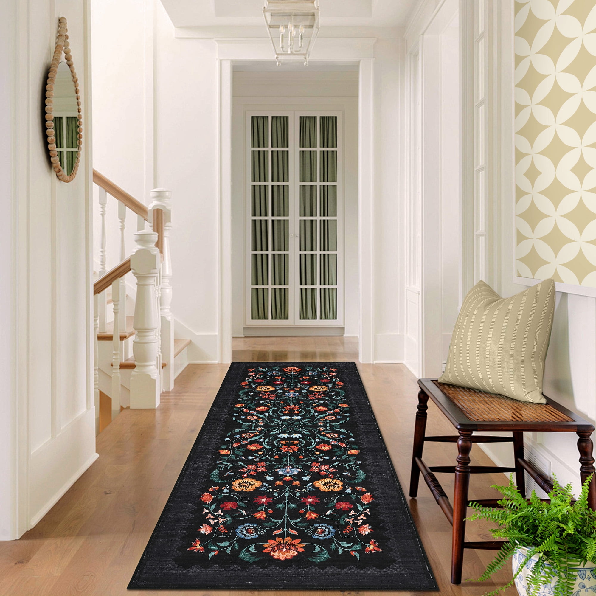 Garvee 2'x6' Floral Printed Runner Rug Vintage Soft Rug, Washable Low Pile Rug Stain Resistant Farmhouse Indoor Carpets with Non Slip Backing for Hallway Bedroom Playroom, Black