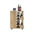 thumbnail image 4 of 32" H light oak bar-coffee cart, cabinet storage, with 4 wheels, 1 divided storage with 1 shelf, 1 folding door, a central vertical division for 6 bottles and 2 side shelves with aluminum front, 4 of 5
