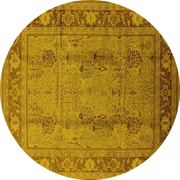 Ahgly Company Machine Washable Indoor Round Oriental Yellow Industrial Area Rugs, 4' Round
