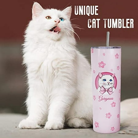 

Cute Cat Tumbler with Lid and Straw - Cherry Blossom Sakura Cat Cup - Pink kawaii Cat Skinny Tumbler Water Bottle Coffee Mug - Metal Thermal Insulated Tumblers 20 Oz - Cat Gifts for Cat Lovers
