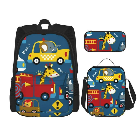 Disketp Vehicles Cartoon with Funny Drivers Mochila Estampada de Gran Capacidad con Lonchera y Estuche, Set de 3 Piezas para Estudiantes