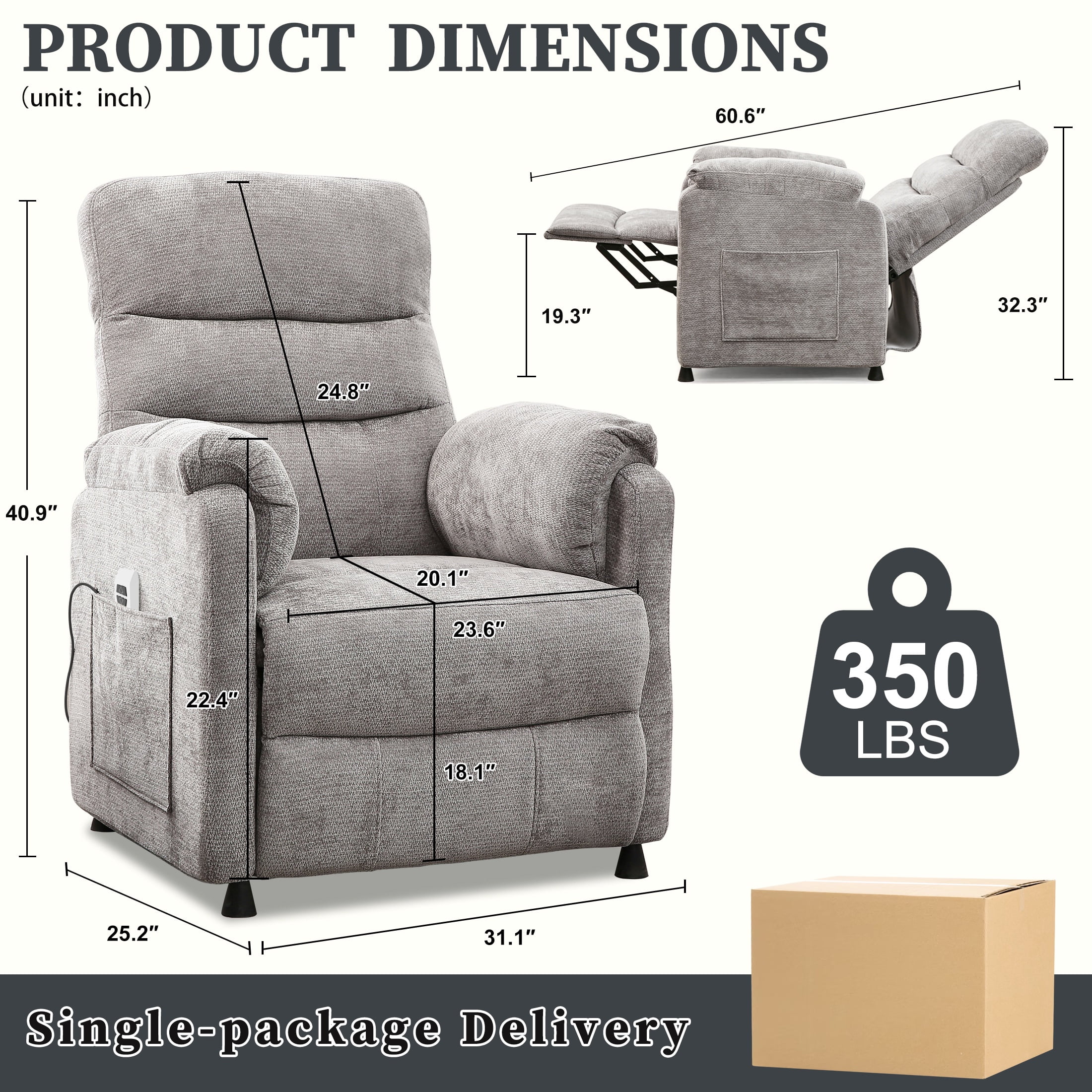 Power Recliner Chair, Holaki Electric Power Recliner with Side Pocket and Remote, Modern Chenille Fabric Recliner Chairs for Adults, Small Recliner for Small Space Nursery Living Room, Grey