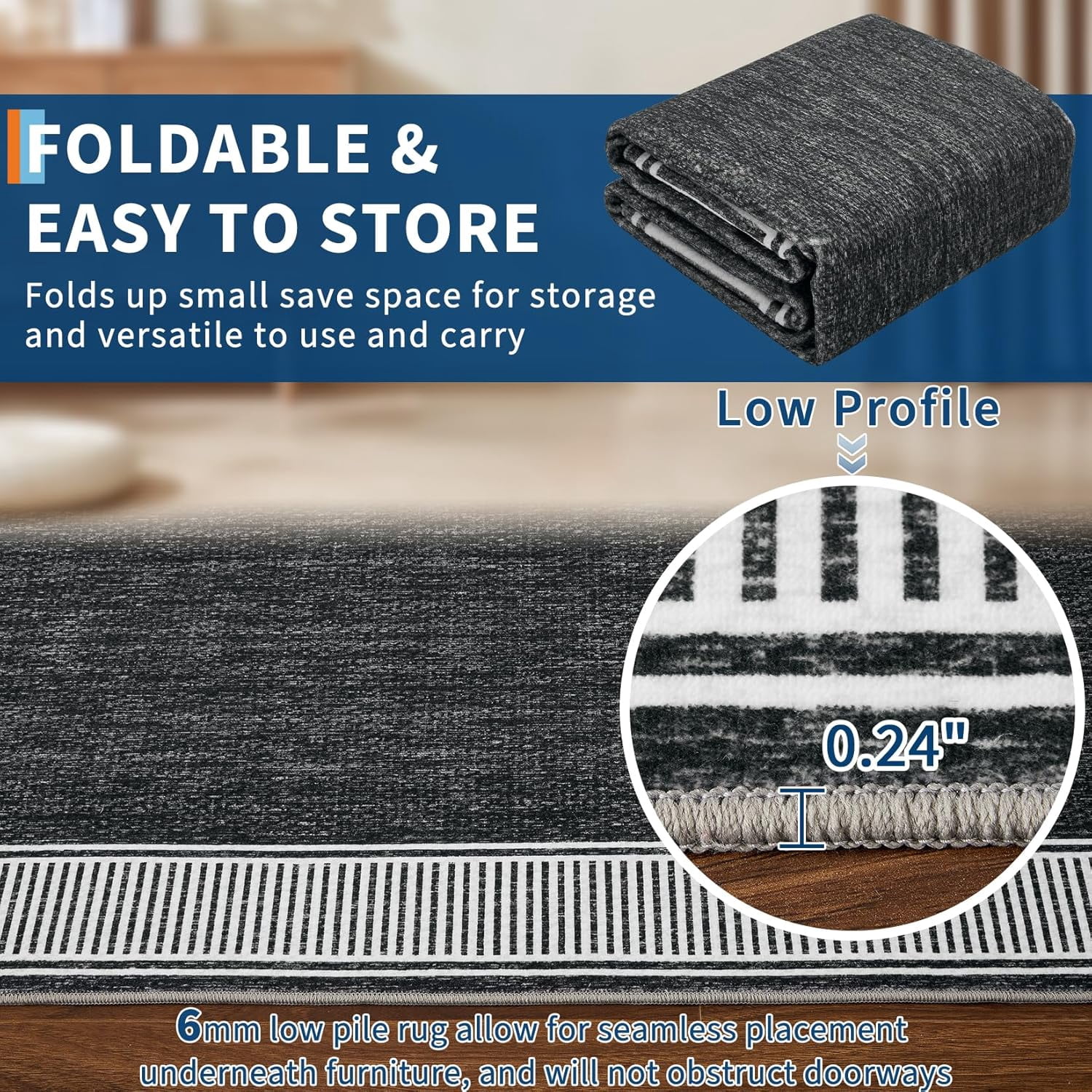 Memoryfield Modern Bordered 10' x 13' Area Rug, Washable Soft Non Slip Low Pile Stain Resistant Carpet Rugs, for Living Room Dining Room, Black